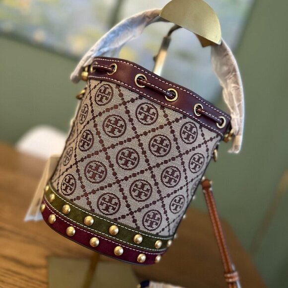 NWT! NEW Tory Burch T Monogram Jacquard Studded Mini Bucket Bag -multi leather - Picture 6 of 15